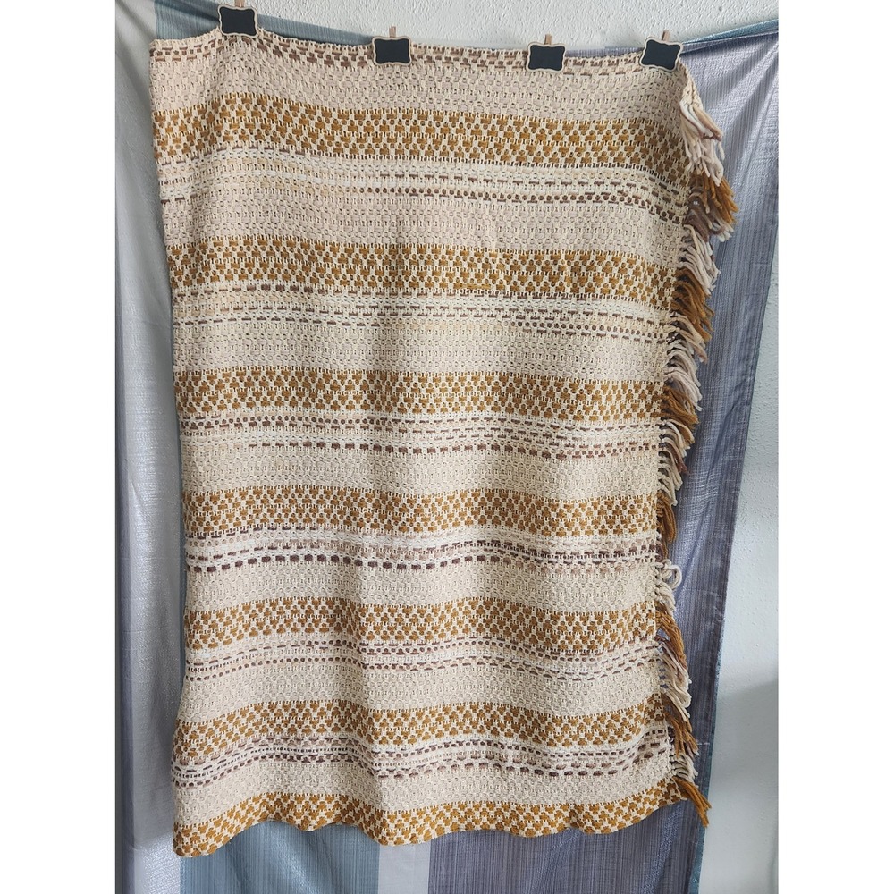Vintage Woven Striped Throw Blanket Mustard Cream Brown Boho Earthy Fringe 45x56